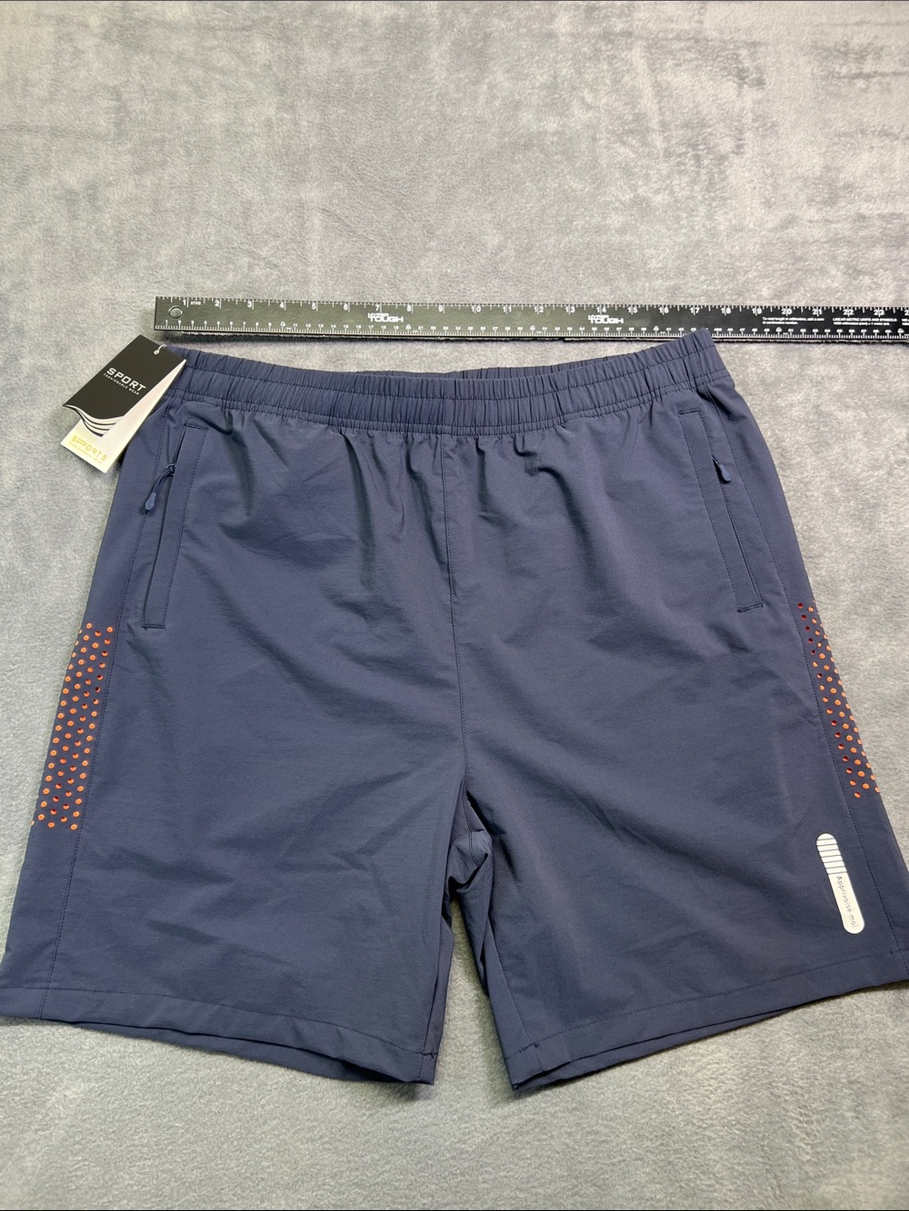 Sporto Navy Athletic Shorts with Orange Dot Accents